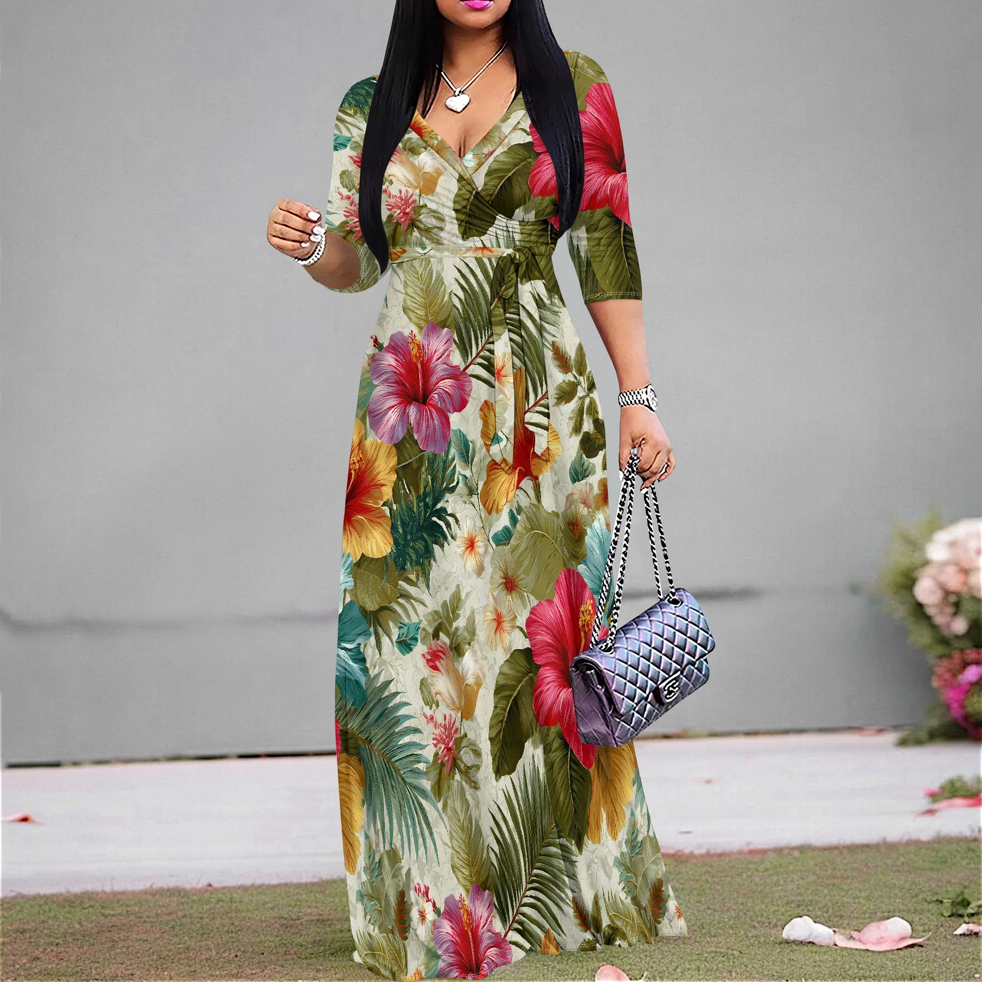 Floral Print V-Neck Dress, Mid-Length Sleeves with Belted Waist and Pockets, Tropical Pattern for Women, S-2XL