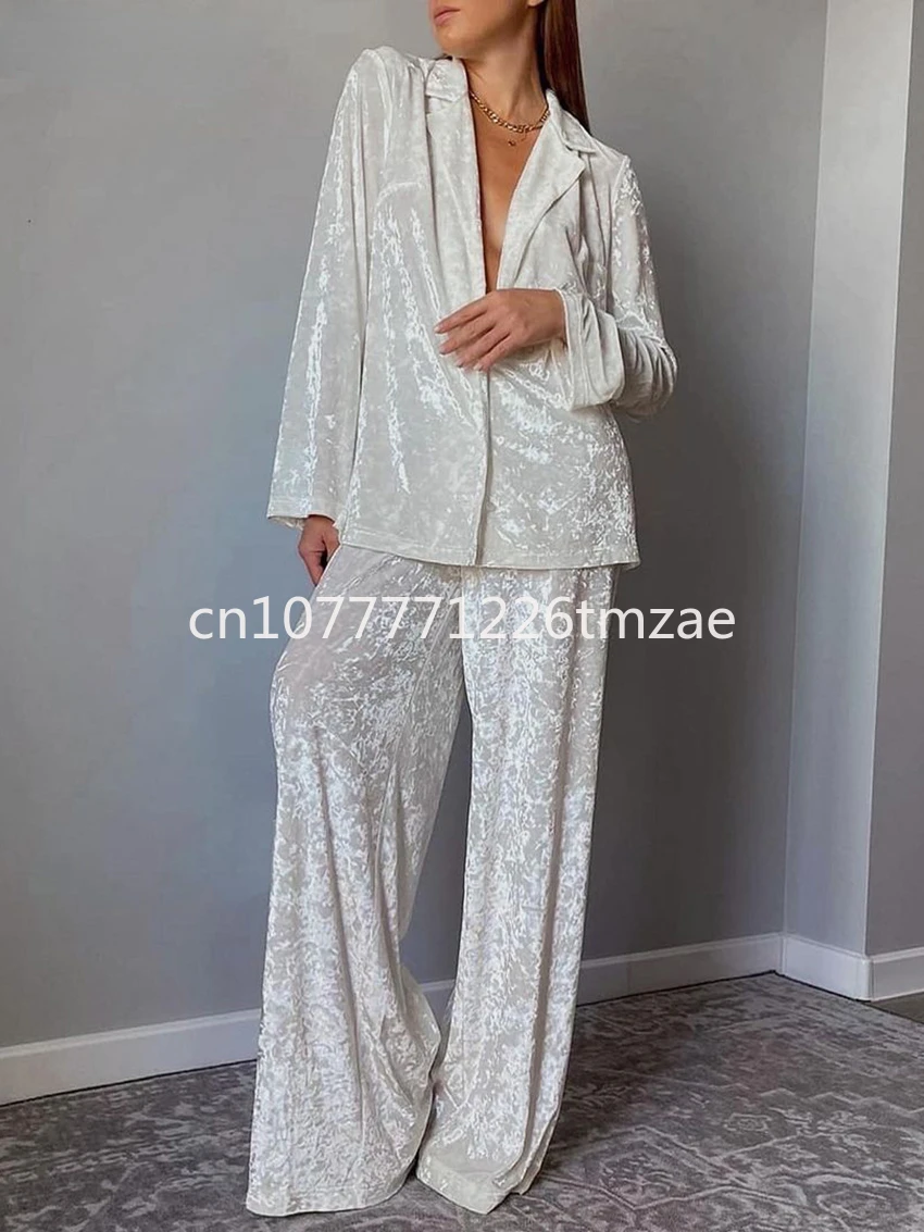 Fashion White Velvet Trousers Suit Elegant Lapel Long Sleeve Shirt Two-Piece Set, Clacive Winter Loose Homewear