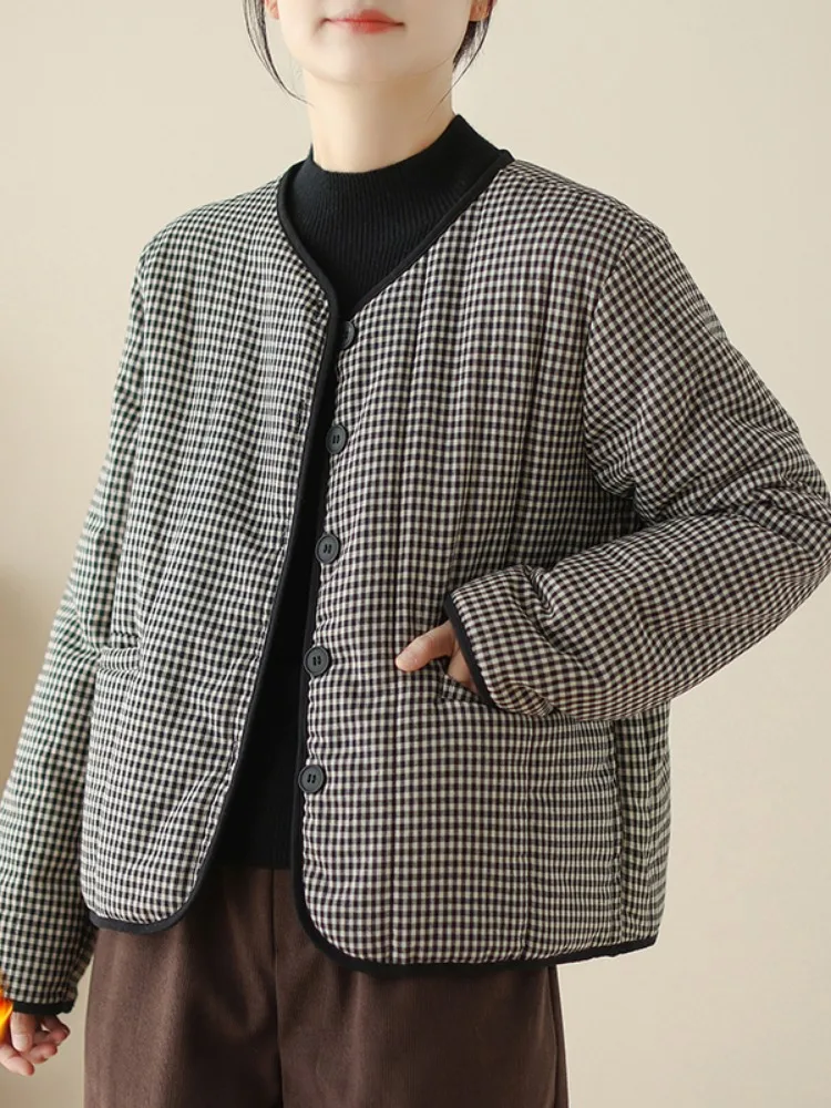 Thickened Cotton Quilted Outerwear Women's Winter Coat Artistic Plaid Loose Fit Home Wear Long Sleeve Button up Warm Coat 2