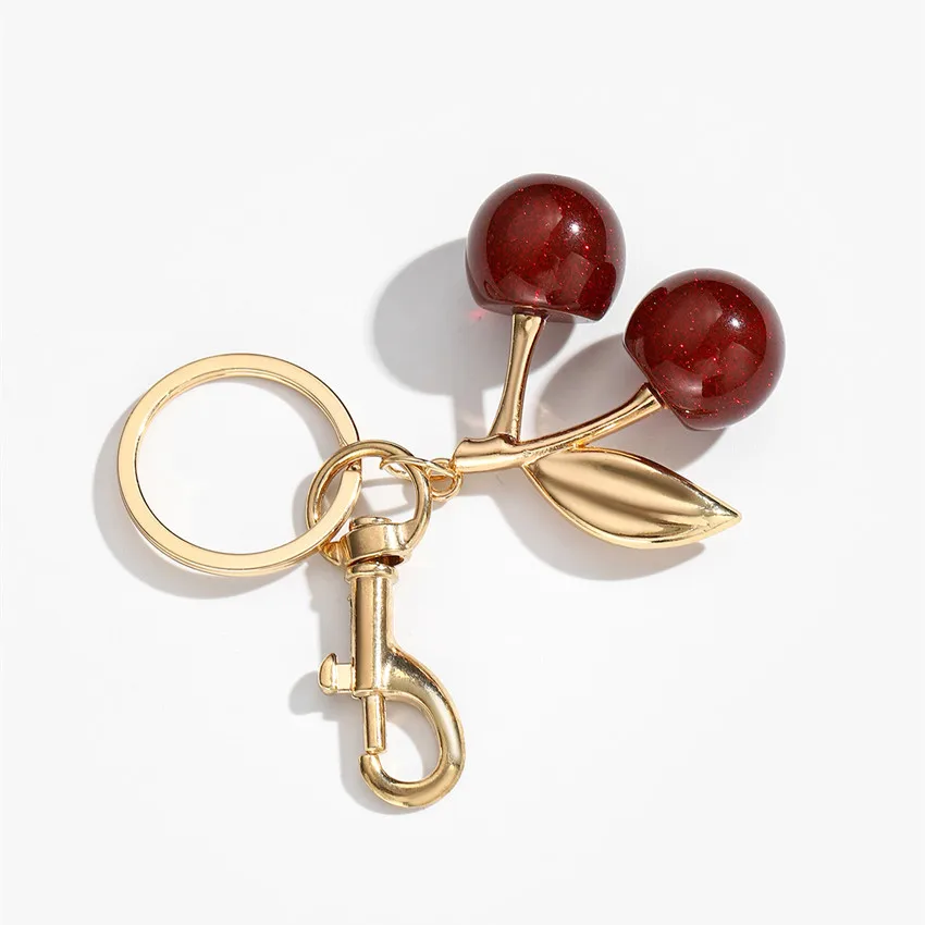 Retro Fashion Leopard Red Cherry Keychain Sparkling Pink Fruit Cherry Bag Pendant Car Keychain Gift Wholesale