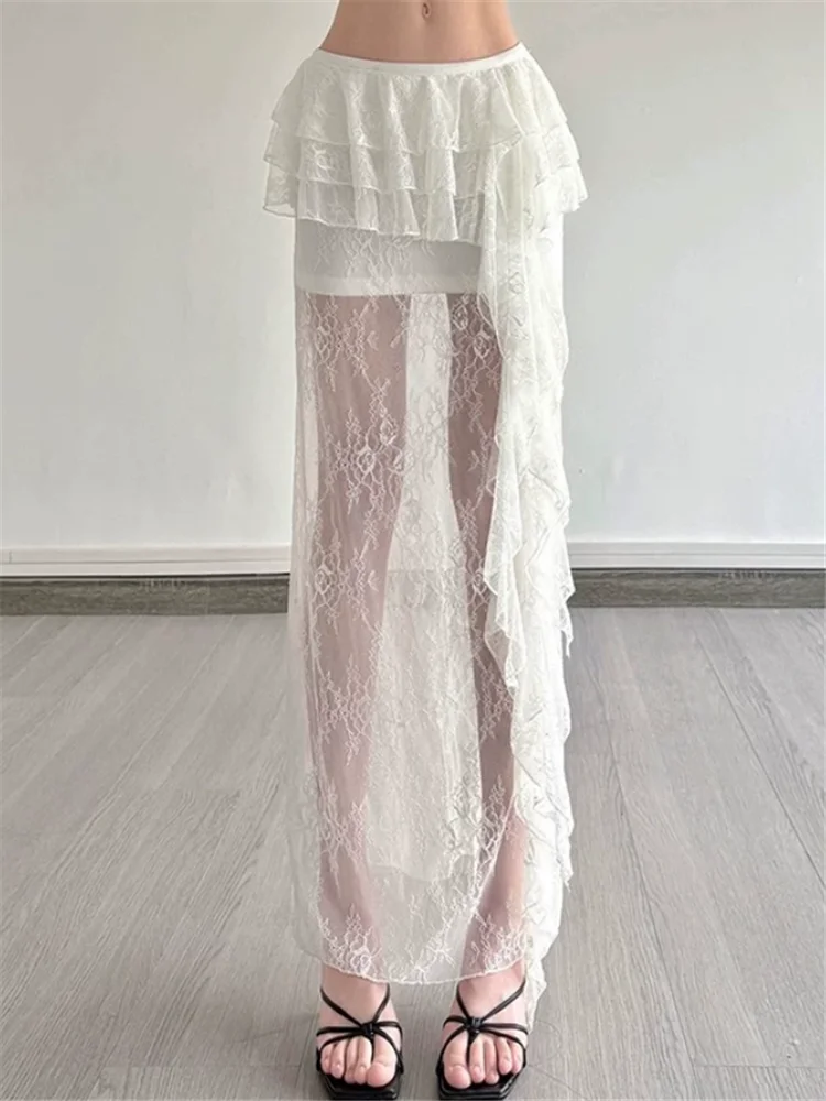 French Romantic Summer Resort Style White Lace Skirt High Waist Ruffles Straight Long Skirt Sweet Girl Sheer Transparent Bottom