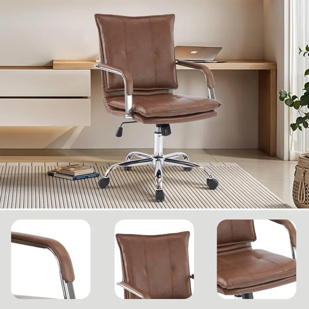 كرسي مكتب جلدي مريح متوسط الظهر، كرسي مكتب تنفيذي منجد حديث مع مسند ذراع بإطار ذهبي كرسي مهام للكمبيوتر (Br) #4