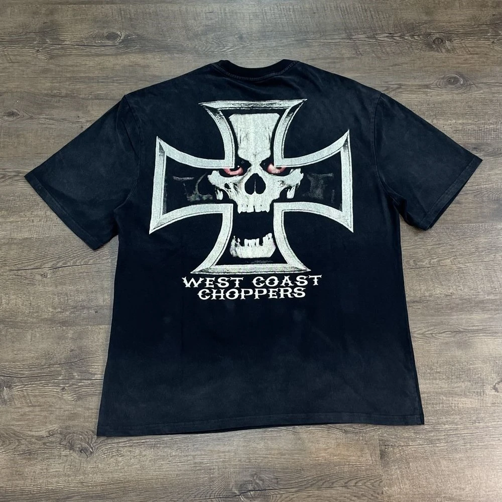 2026 West Coast Choppers Red Eye Skulls Spray Dyeing Grafik-T-Shirt für Herren und Damen, Schwarz, Schwerer Stoff, Hohe Qualität, Locker Sitzendes T-Shirt – Detail 6