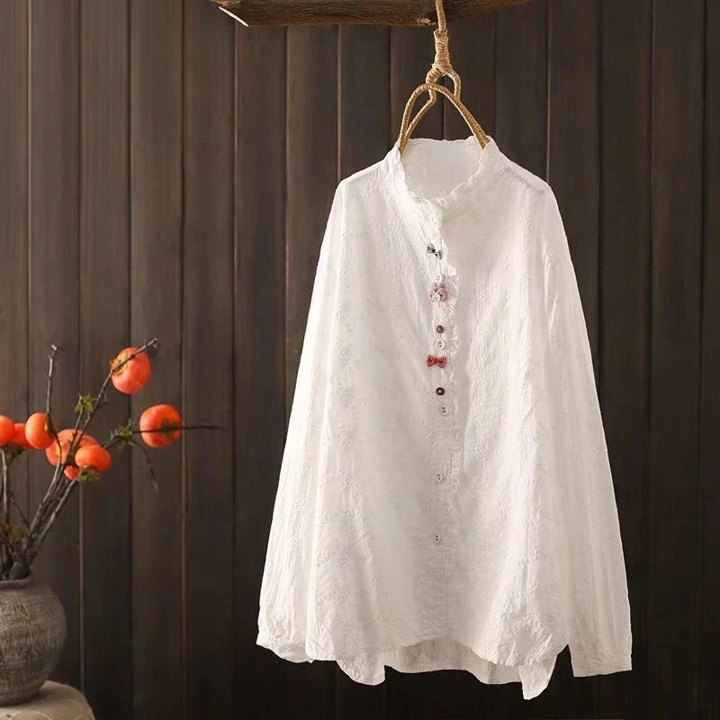 

Fashion Design Lace White Women Shirts Summer New 2022 Ruffles Cartton Loose Elegant Female Outwear Coats Tops