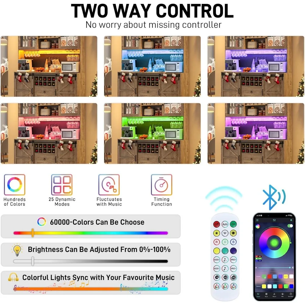 خزانة بار كبيرة على طراز المزرعة مع إضاءة LED 6000 لونًا وباب بيجبورد وباب الحظيرة، 74 طولًا و63 عريضًا