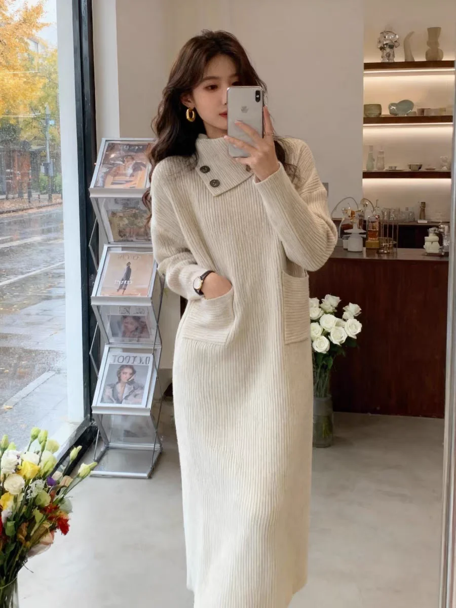 

Длинный свитер Ele в версии премиум-класса Dr с диагональным воротником Thiened, вязаное женское зимнее пальто средней длины