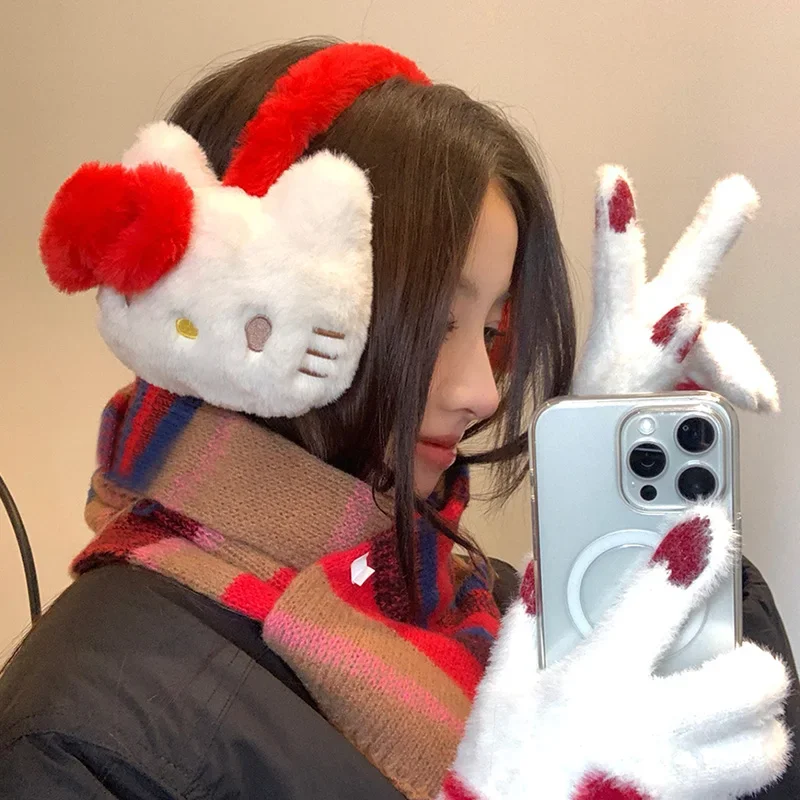 Sanrios Hello Kittys Soft Plush Warmer Earmuff Pink Kt Cat Cute Earflap Winter Outdoor Cold Protection Ear-Muffs Ear Cover Gifts