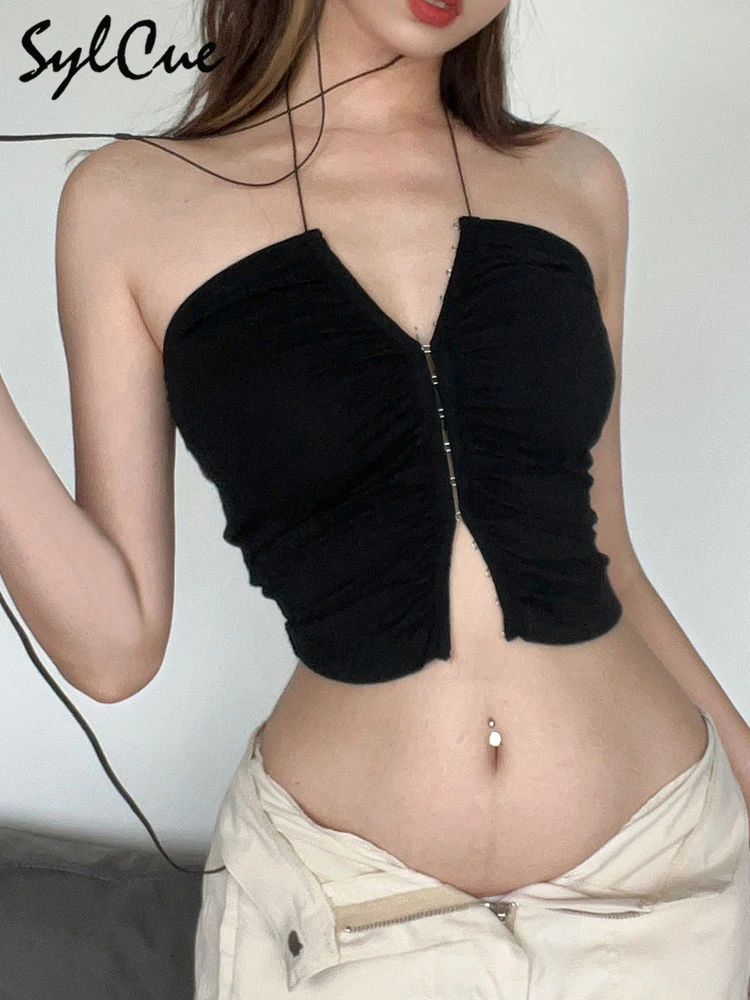 Sylcue 블랙 섹시 얇은 섹션 심플 캐주얼 올매치 스트리트 쿨 오픈 자신감, 핫 성숙한 여성 레이스업 미니 조끼