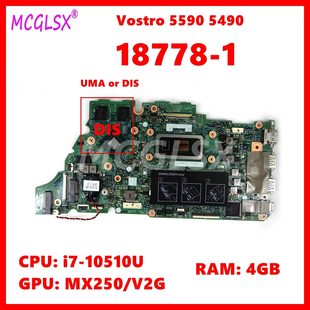 

18778-1 Mainboard For DELL Inspiron 5498 5590 Vostro 5590 5490 Laptop Motherboard With i3 i5 i7-10th Gen CPU UMA/PM GPU 4G RAM