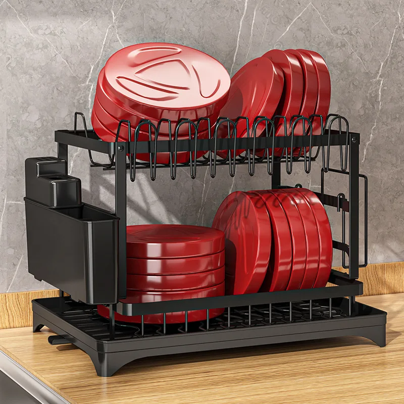 

2 Tier Dish Drying Rack Drain Board Set Tableware Drainer Kitchen Countertop Storage Rack Cup Holder Knife and Fork Holder