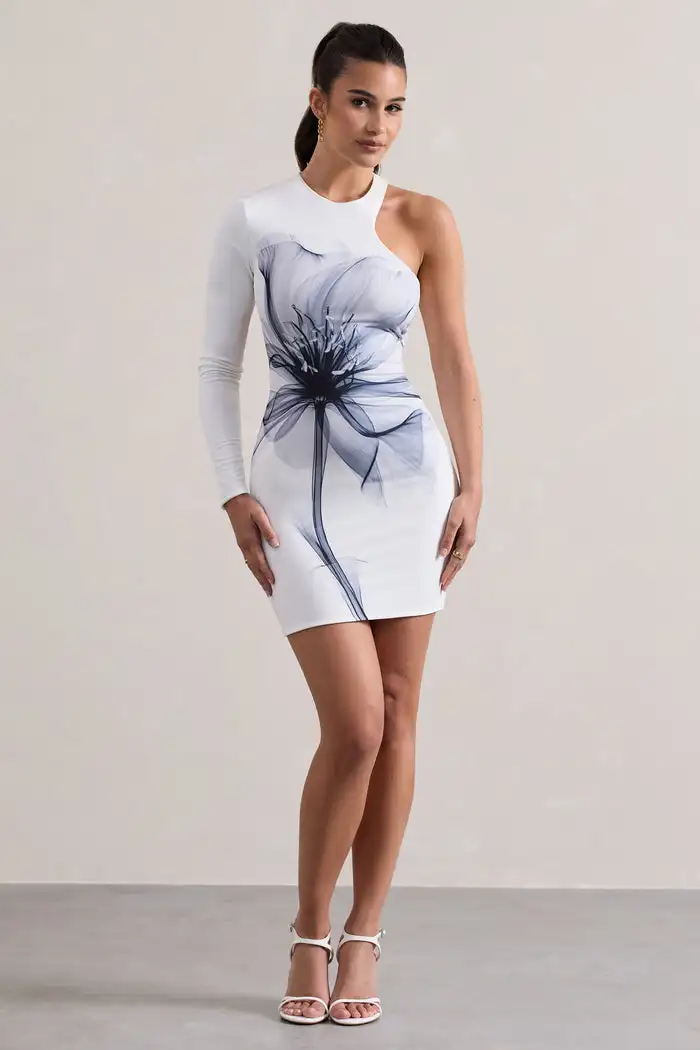 Customized Fashion Floral Pattern Printed Single Sleeves Round Neckline White Mini Dress 2026 Summer New Women Prom Dresses