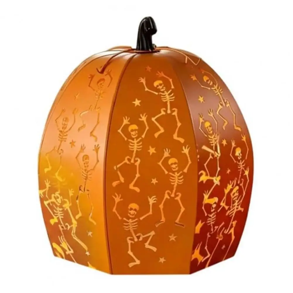 Spooky Garden Decor Metal Skeleton Lantern Stacked Metal Pumpkin Lantern 3-tier Halloween Decor with Dancing Skeleton for Porch