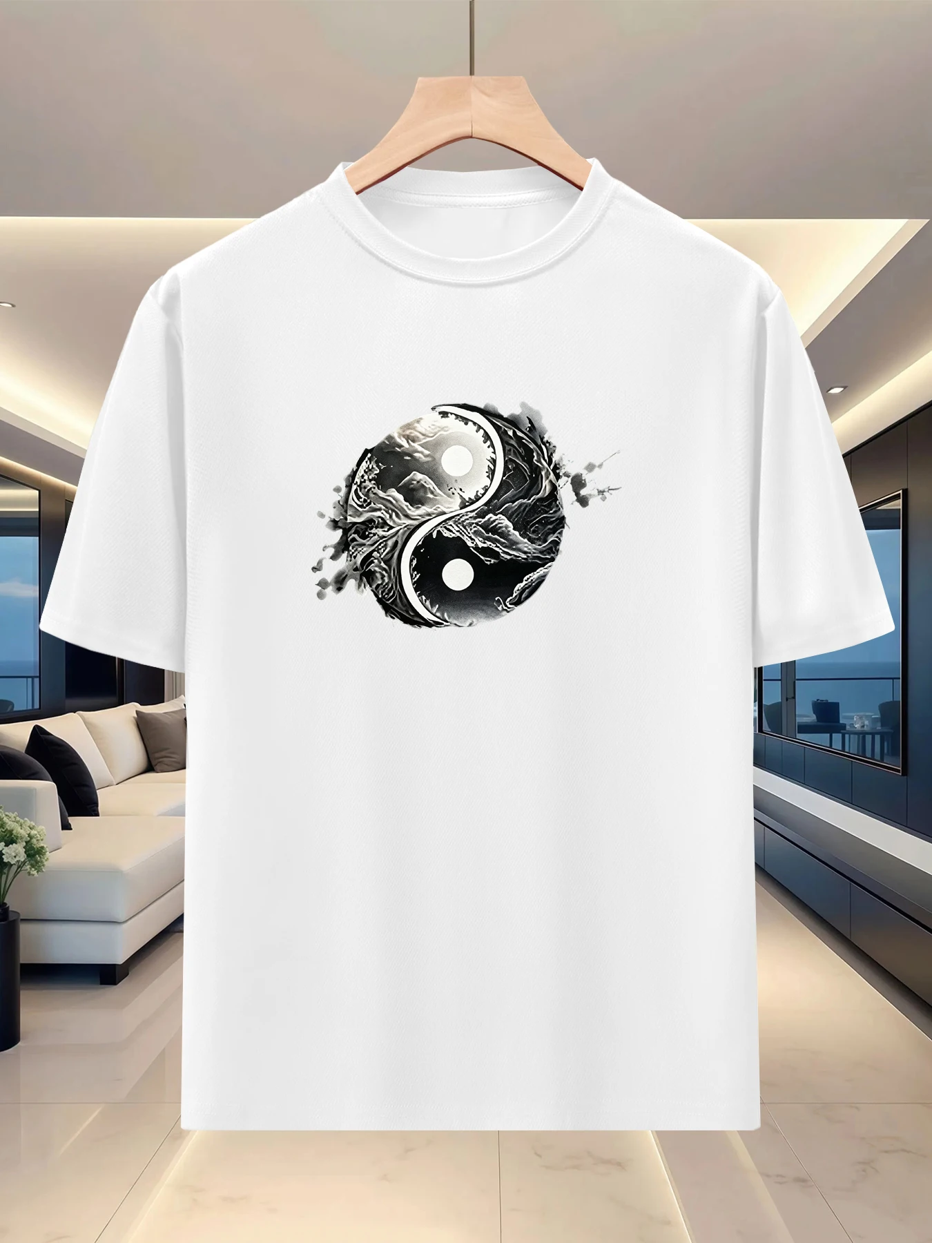 Comfortable and gentle men's loose silhouette T-shirt camping creative pattern printed casual shoulder top