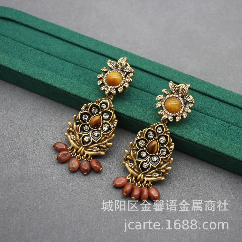 Autumn Winter New Melad Tiger Eye Ancient Tassel Earrings Shoulder Sweep Earrings Enamel Petal Stud Earrings