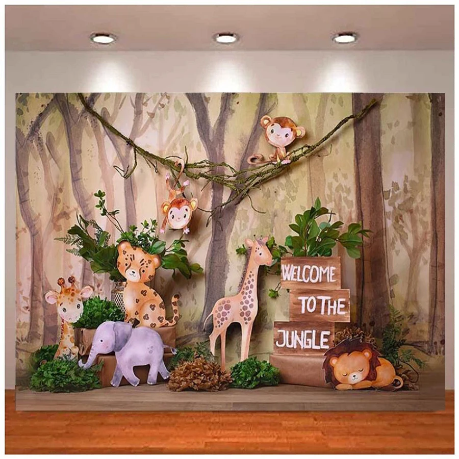 

Photography Backdrop Jungle Forest Animals Baby Child Shower Kids Birthday Party Portrait Photo Background Banner Studio Props