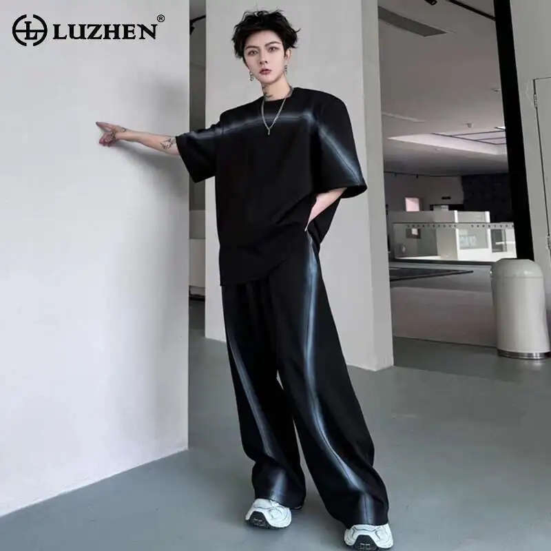 

LUZHEN Personality Trendy Hand Painted Design Short Sleeved T Shirts Two-piece Sets Original Stylish Men's Straight Pants LZ3191