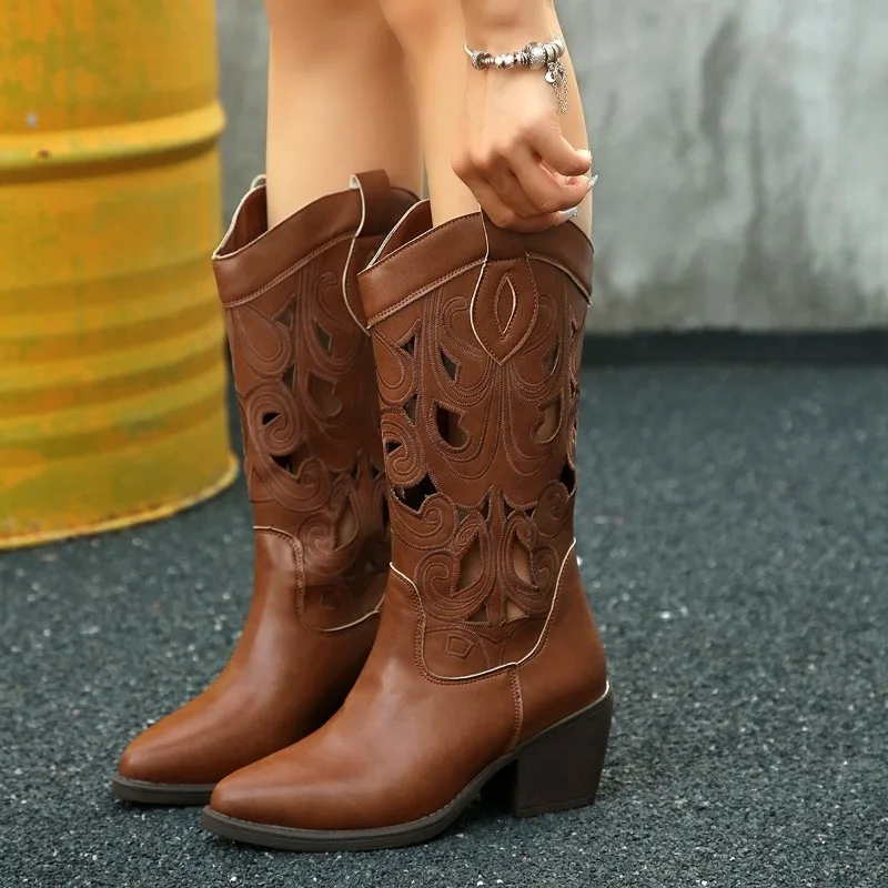 

Elegant Women High Boots Fashion Heeled Shoes Hollow Designer 2025 Winter New Knight's Mid Calf Gladiator Boots Chunky Pumps