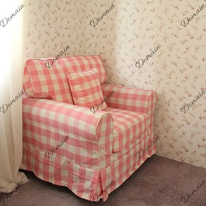 N80 Modern simple pink and white plaid single sofa fully disassembled and washed French style home sofa