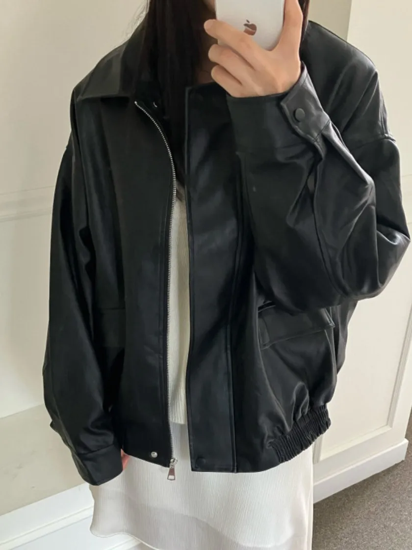 シックな秋のヴィンテージ風ルーズフィットジッパー付きPUレザーバイカーカジュアルジャケット レディースファッション通勤スリーブロングスリーブカラー
