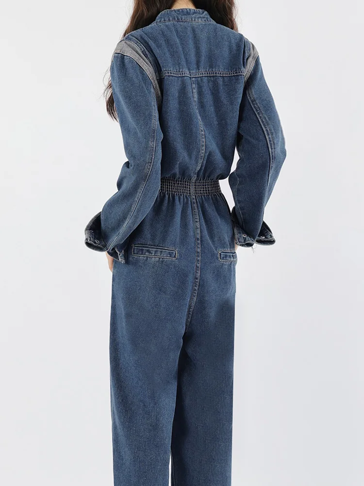 Women Vintage Patchwork Cargo Denim Jumpsuit Overalls 2024 Spring Fall Korean Streetwear Long Sleeve Romper Bodysuit Playsuits