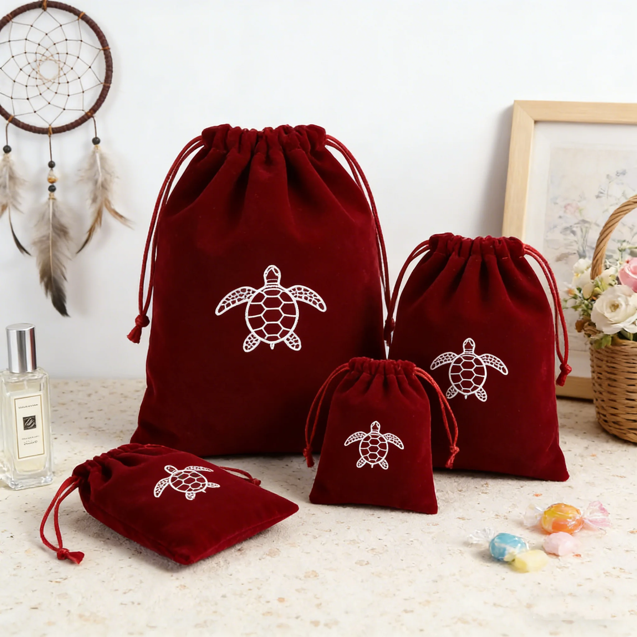 

Customized 50Pcs Wine Soft Velvet Jewelry Bag Drawstrings Organizer Pouches Small Gift Candy Cosmetic Display Packaging Storage