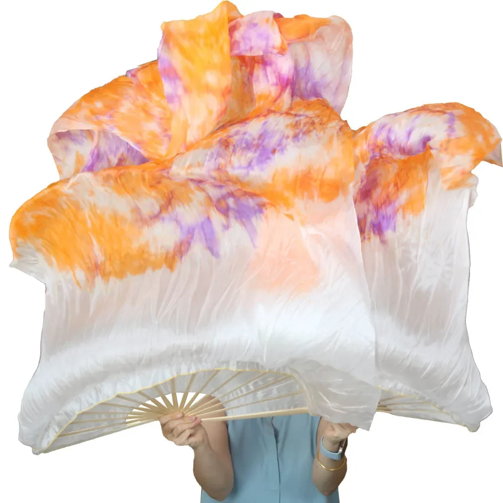 Echte Zijde Dans Fan Buikdans Fan 1 Paar Uitgebreide Fans Handgemaakte Kleur Tie-dye Zijden Fan Moderne Dans Aanpasbare Grootte Fan
