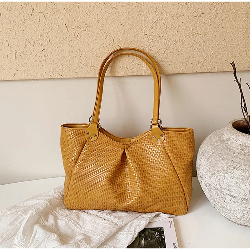 Koreanische Schultertasche mit seitlichem Reißverschluss, Vintage Casual Handtasche für Damen, minimalistische, schicke, einfarbige Rattan-Webtasche, Einkaufstasche – Detail 15