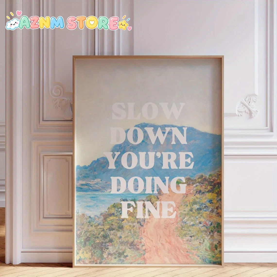 1pc Wall Decoration, a Retro Poster Featuring Minimalist Text Urging to Take It Easy, a Canvas Painting of a Hilly River Land