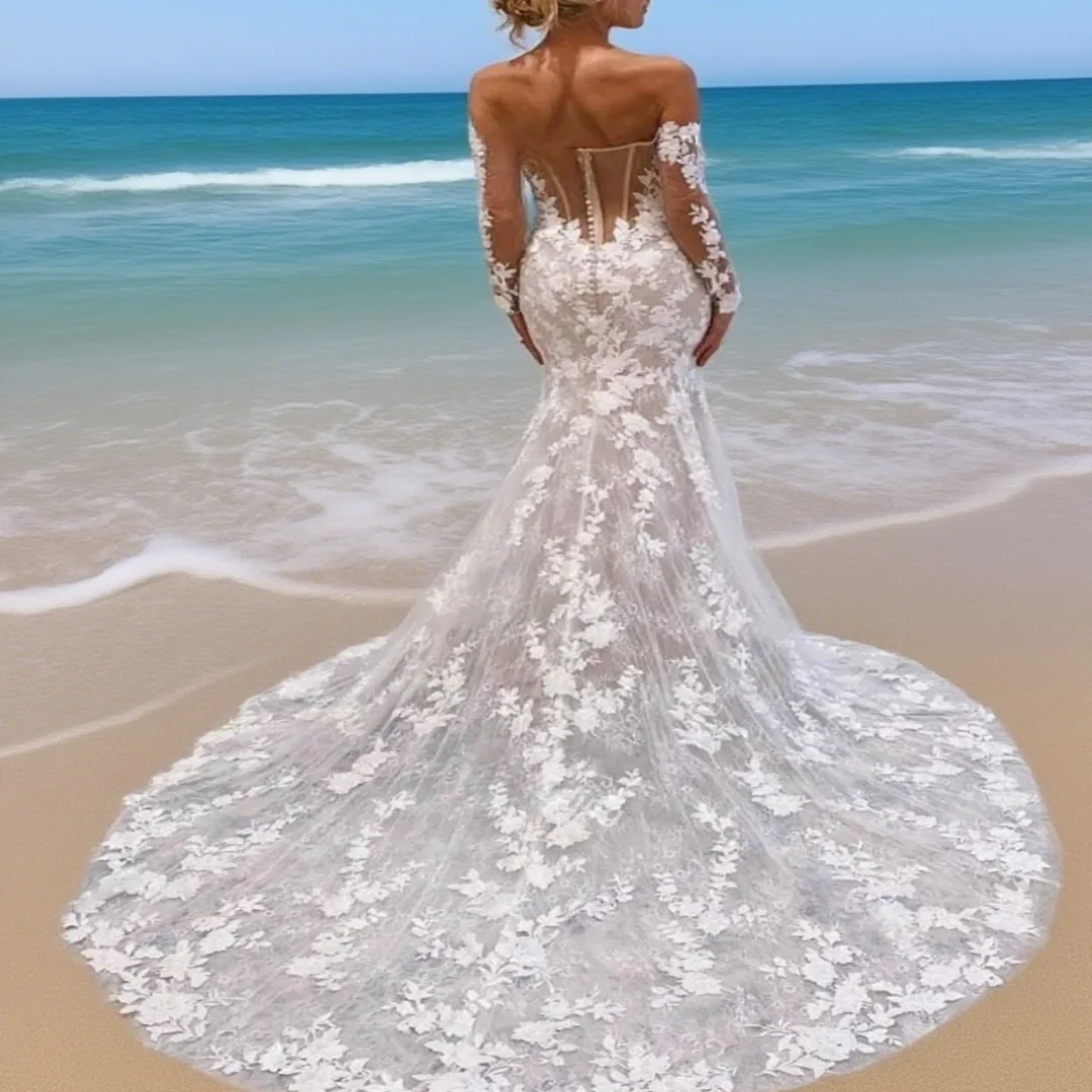 Customized off-shoulder lace appliqués mermaid wedding dress. Thin chiffon with bohemian style, formal wedding gown.
