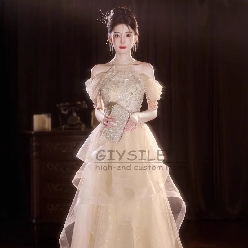 GIYSILE Abito da sera dignitoso alla moda con collo champagne personalizzato 2025 Nuovi abiti da festa soffici da principessa con nappa a flusso di perle