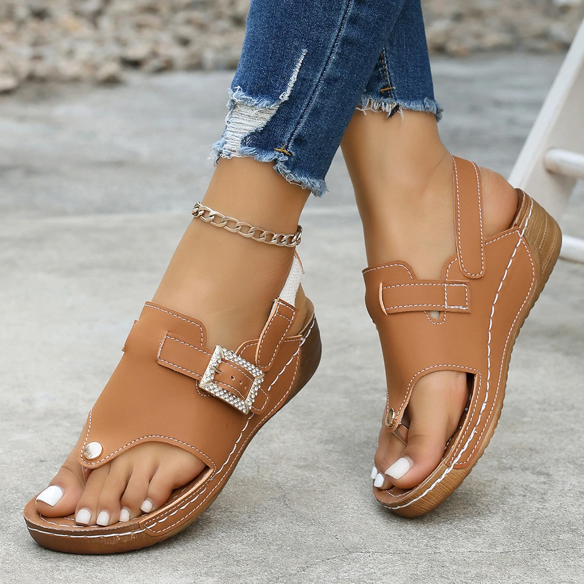 Women's Comfort Wedges Sandals Summer 2026 Casual Non Slip Beach Shoes Woman Roman Style Peep Toe Platform Sandals Plus Size 43