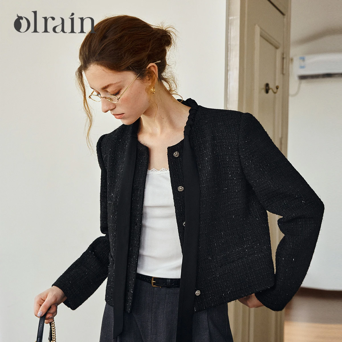 OLrain Elegant French Jackets 2025 Autumn Fashion Versatile Short Jacket Skinny Ruffle Tie Round Neck Female Tops GO57QW000938