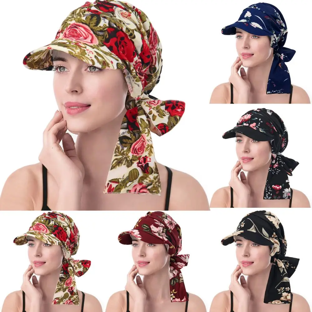 

Fashion Print Women Hijab Caps Wrap Hair Breathable Turban Bonnet Comfortable with Brim Ladies Headscarf Hat Hide Hair