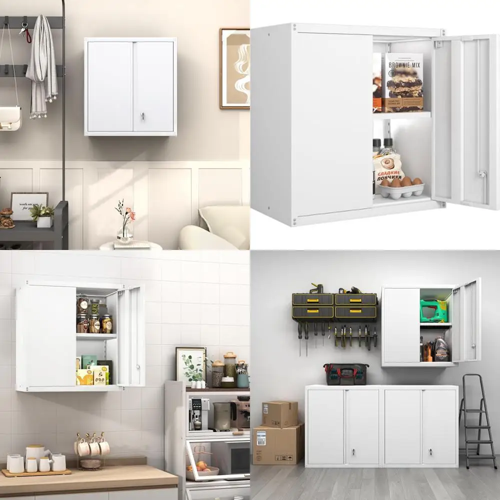 

White Metal Wall-Mounted Storage Cabinet with Adjustable Shelves and Lock for Garage, Pantry, Utility Rooms