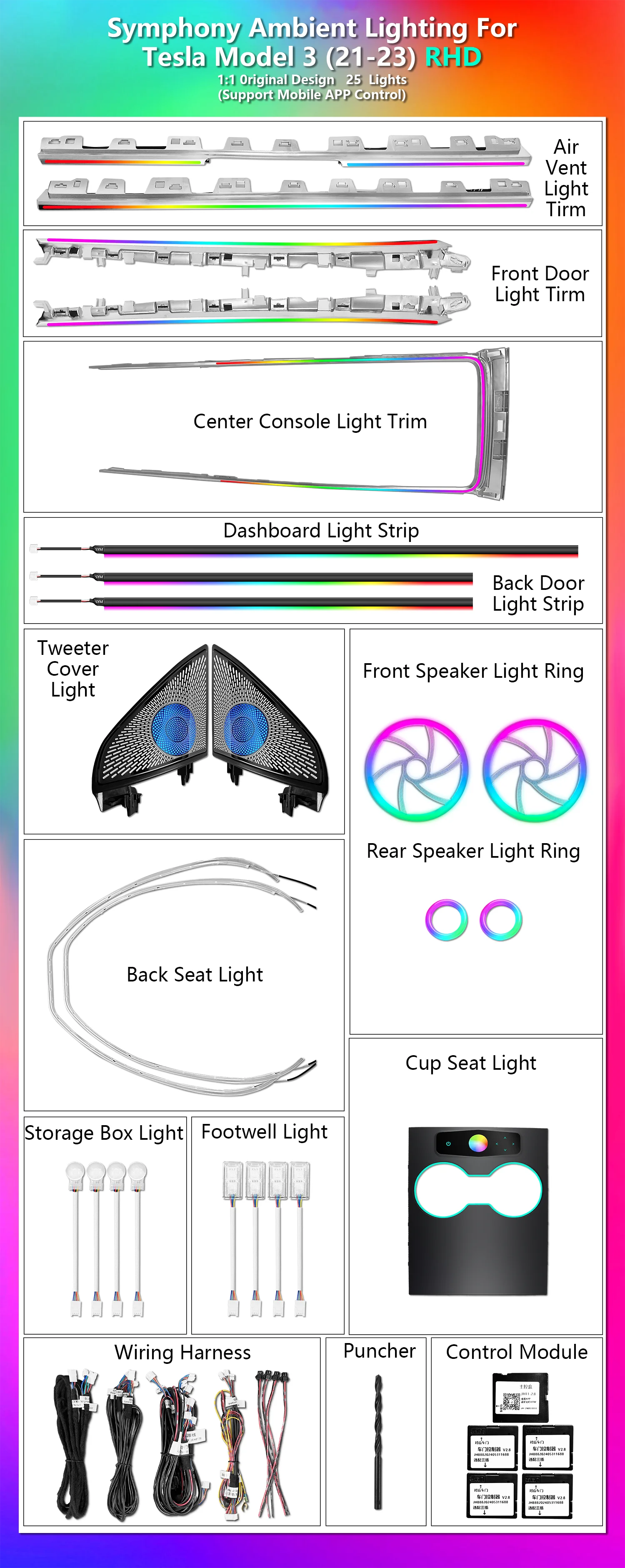RHD Upgrade 256 Colors Symphony Led Car Interior Ambient Lighting Accessories for Tesla Model 3/Y 2021-2023  Atmosphere Trim
