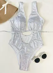 sexy metallic silver swimsuit one piece hollow out backless Bikinis Swimwear Swimsuits beach outfits bodysuit biquini tankini