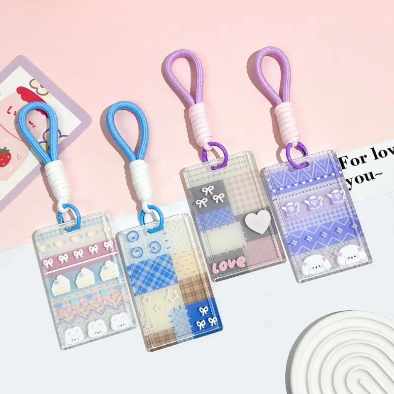 Sweet Korean Kpop Photocard Holder with Key Ring Lanyard Simplicity Kawaii Student ID Card Protector Transparent Photocard Cover