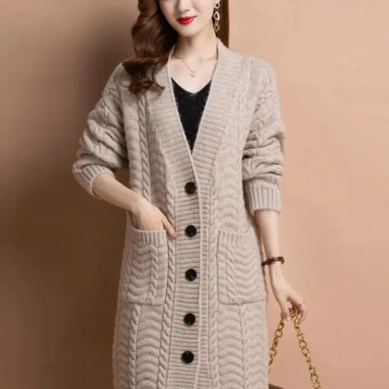 Women's Autumn Winter Fashion Solid Color V-neck Button Pocket Versatile Long Sleeved Loose Medium Length Sweater Cardigan Tops