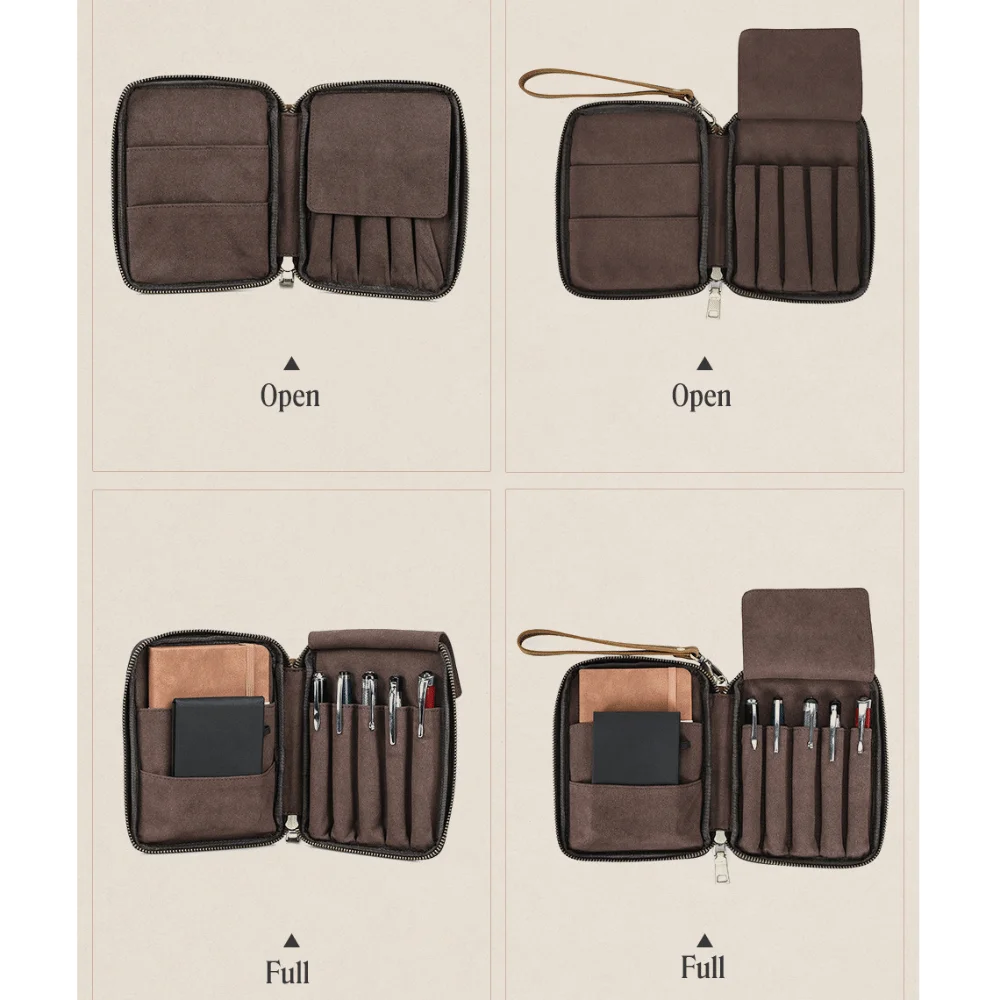 School Supplies Genuine Leather Pen Case Vintage Portable Stationery Case with Zipper Multi-functional Pen Bag Travel
