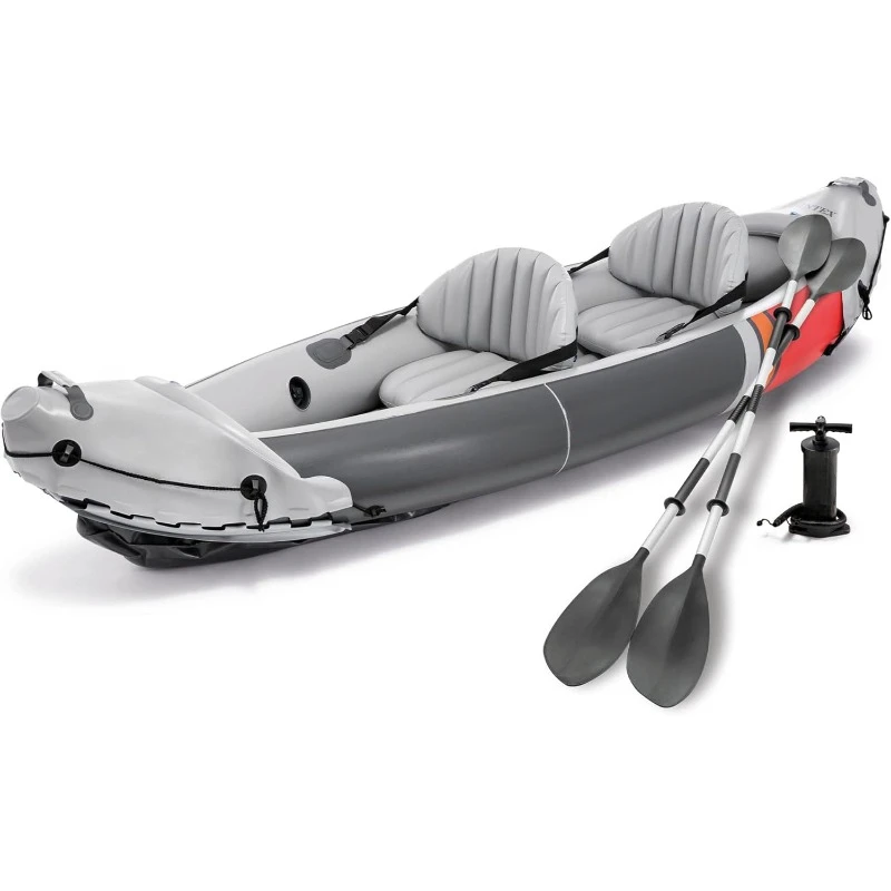 2 Person Inflatable Vinyl Kayak and Accessory Kit with 86 Inch Oars, Air Pump, and Carry Bag for Lakes and Rivers, Gray and Red