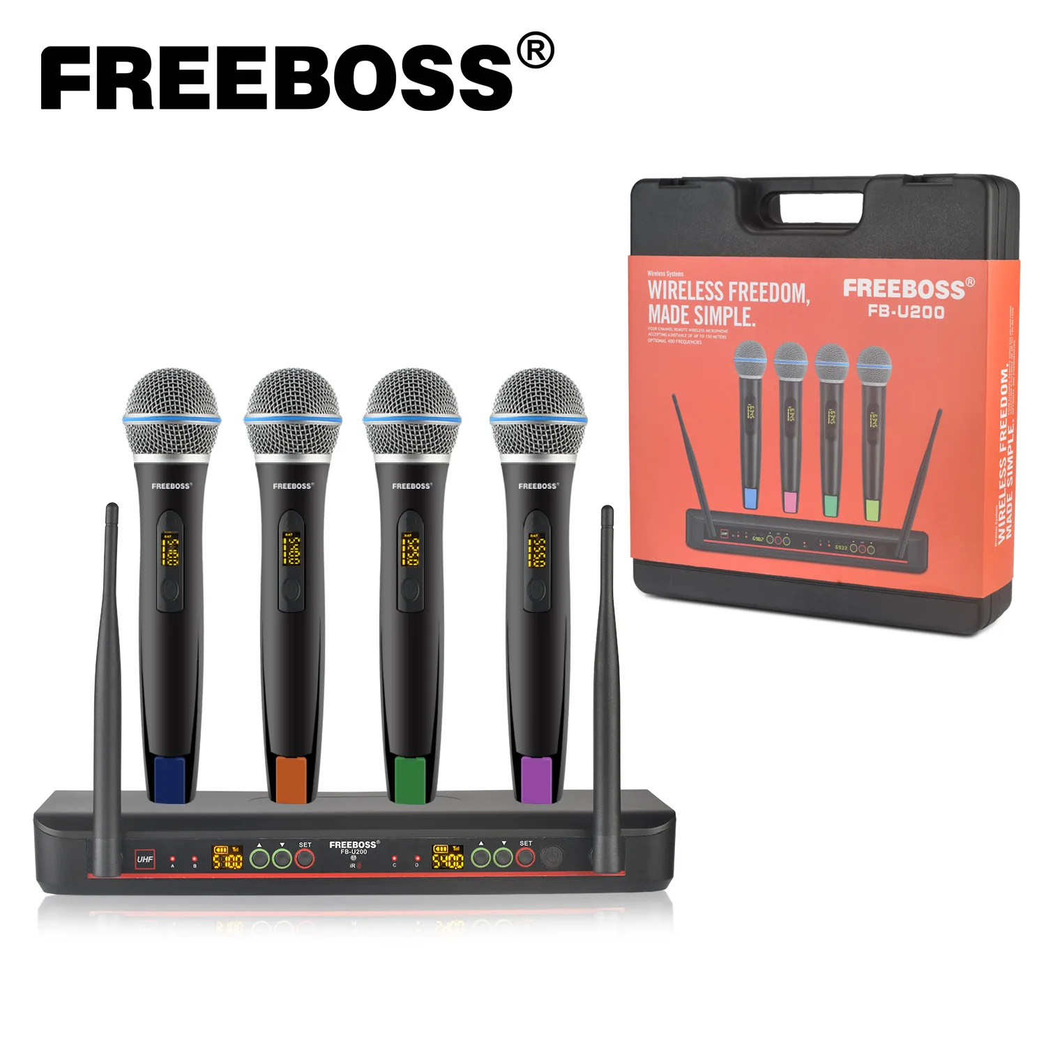 

FREEBOSS 4 Ways IR Wireless Microphone with plastic box Multi-Frequency Cordless Pro Dynamic UHF Mic Outdoor Show Speech FB-U200