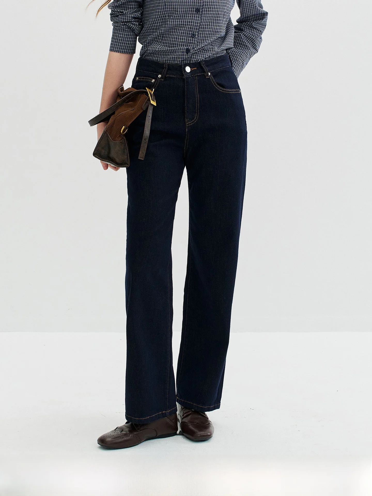 Retro Smooth Straight Leg Jeans High Waist Commute Casual Chic Deep Blue Denim Cotton Polyester Blend Autumn Ladies Jeans