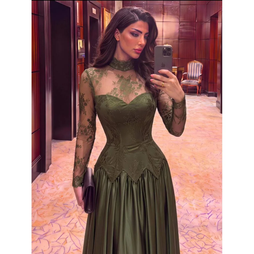 Line A Elegant Evening Dresses for Woman Luxury Women's Elegant Party Dress Customized Long Sleeves Round Neck Embroidered Lace