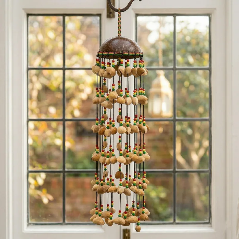 

Ветряной колокольчик из кокосовой скорлупы Oleander: винтажное подвесное украшение для сада, патио, балкона, домашнего декора в деревенском стиле, с мелодичным звучанием, подарок