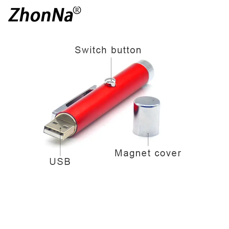 Ponteiro laser de ponto vermelho com tampa magnética, USB Plug Ensino Stylus, Caneta de bolso portátil, Material metálico, Brinquedo engraçado do gato