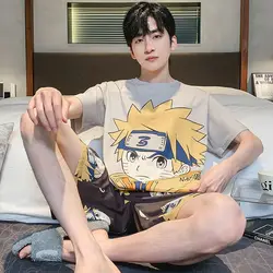 Naruto Pajamas Men's Summer Loose Casual Thin Short Sleeve Shorts Pure Cotton Cartoon Animation Home Clothes Set Gift Wholesale