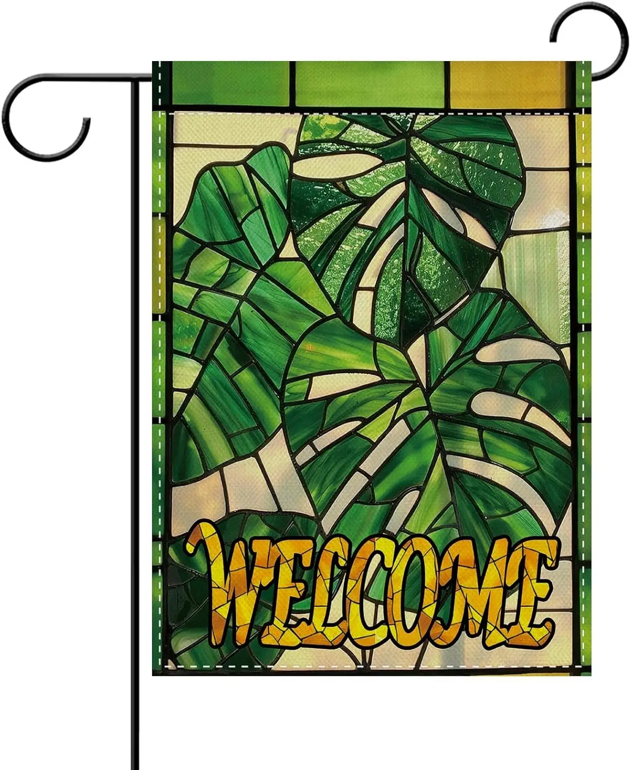 Dyrenson Welcome Stained Glass Window Monstera Decorative Garden Flag, Spring Summer Tropical Plants Palm Tree Yard Outside jjp