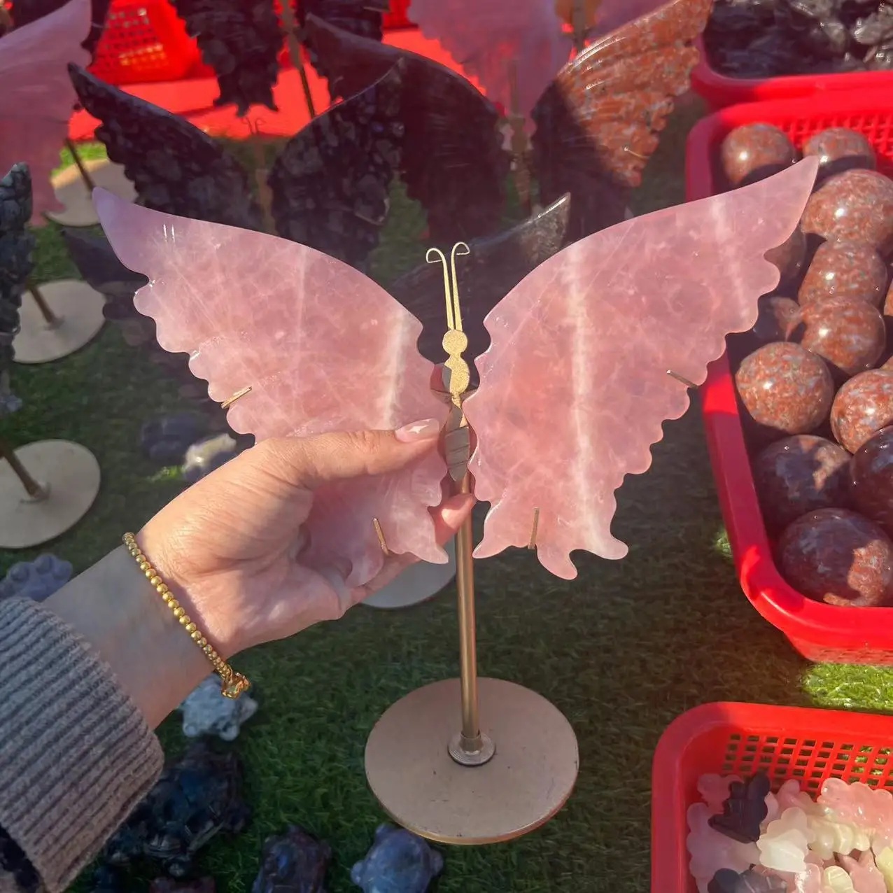 Natural crystal craving folk crafts rose quartz angel wings for ornaments decoration