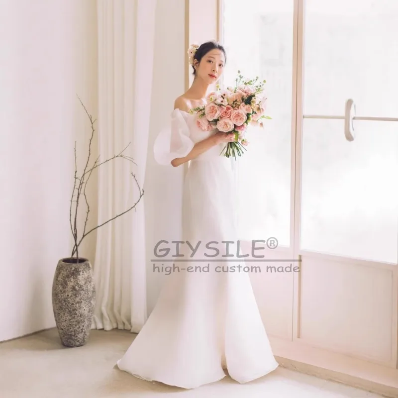 GIYSILE Aangepaste witte schouder mode fishtail trouwjurk Super Fairy 2025, nieuwe eenvoudige mesh feestjurken bubble mouw