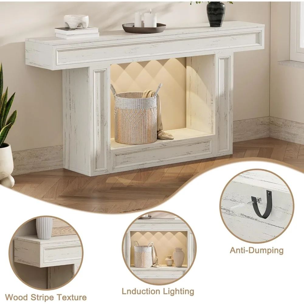 طاولة وحدة تحكم من طبقتين مع أضواء مستشعر للمدخل، وطاولة قهوة خلف الأريكة، وقاعدة على شكل حرف U مناسبة لمختلف المساحات